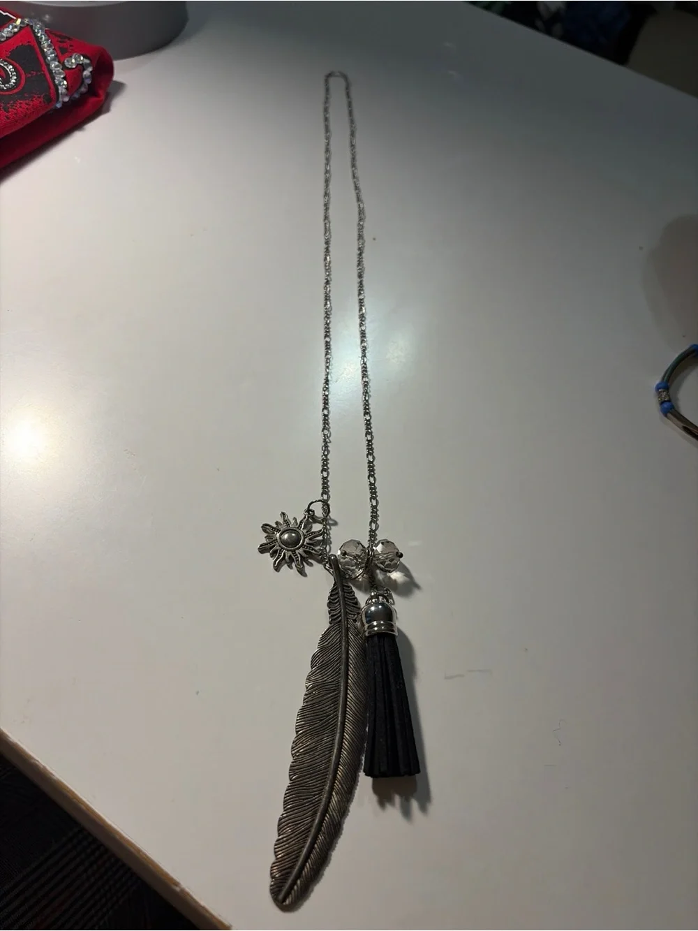 Boho Silver Tone Feather Sun Crystal Faceted Black Tassel Long Necklace
